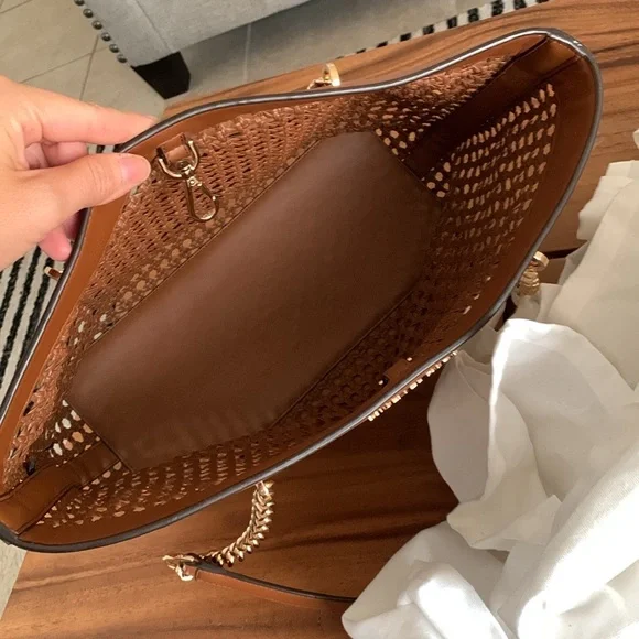 Michael Kors Kinsley Rattan Carryall Tote Bag in the color Luggage. - Picture 9 of 9